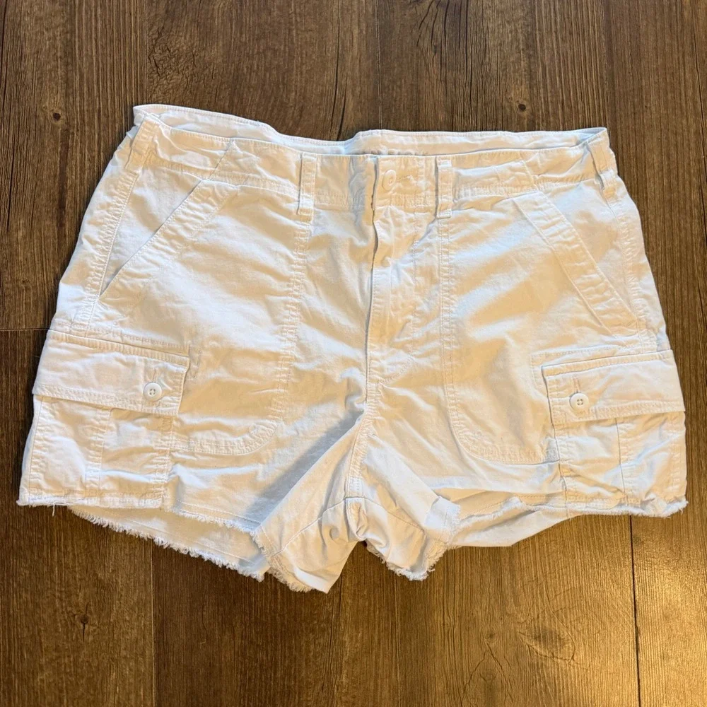 American Eagle Cargo Shorts Womens 12 White High‎ Rise Raw Hem Stretch Utility